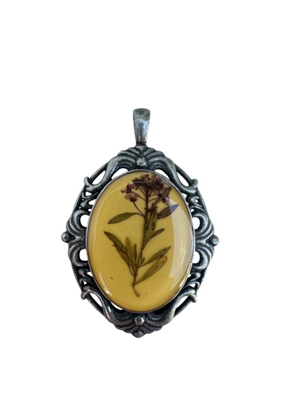 Vintage Pressed Flower Pendant Silver Tone Scroll Frame Mustard Yellow Resin